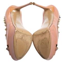 Pre Owned Valentino Pink/Beige Leather Studded Peep Toe Platform Pumps Size 37.5