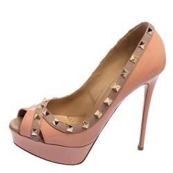 Pre Owned Valentino Pink/Beige Leather Studded Peep Toe Platform Pumps Size 37.5