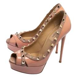 Pre Owned Valentino Pink/Beige Leather Studded Peep Toe Platform Pumps Size 37.5