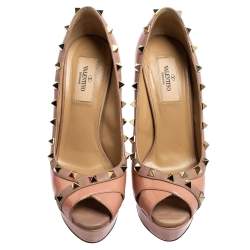Pre Owned Valentino Pink/Beige Leather Studded Peep Toe Platform Pumps Size 37.5