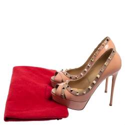 Pre Owned Valentino Pink/Beige Leather Studded Peep Toe Platform Pumps Size 37.5