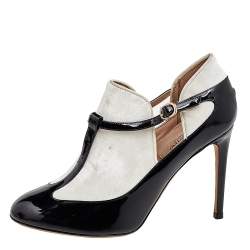 Valentino Black/White Patent Leather And Velvet T Strap Pumps Size 36