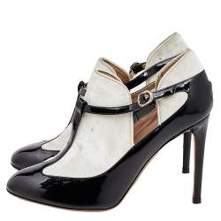 Valentino Black/White Patent Leather And Velvet T Strap Pumps Size 36