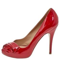 Pre Owned Valentino Red Patent Leather Peep Toe Platform Pumps Size 40