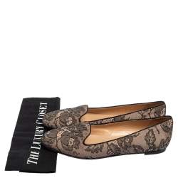 Pre Owned Valentino Pink/Black Glitter Lace Smoking Slip-On Loafers Size 39