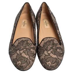 Pre Owned Valentino Pink/Black Glitter Lace Smoking Slip-On Loafers Size 39