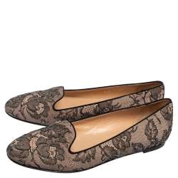 Pre Owned Valentino Pink/Black Glitter Lace Smoking Slip-On Loafers Size 39