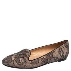 Pre Owned Valentino Pink/Black Glitter Lace Smoking Slip-On Loafers Size 39