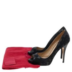 Pre Owned Valentino Black Leather Embroidered Peep Toe Platform Pumps Size 40.5