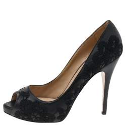 Pre Owned Valentino Black Leather Embroidered Peep Toe Platform Pumps Size 40.5