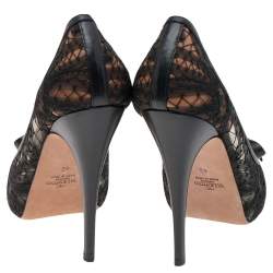 Pre Owned Valentino Black Mesh and Leather Bow Peep Toe Platform Pumps Size 40