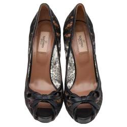 Pre Owned Valentino Black Mesh and Leather Bow Peep Toe Platform Pumps Size 40