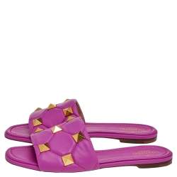 Pre Owned Valentino Pink Leather Roman Stud Flat Slides Size 40