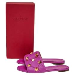 Pre Owned Valentino Pink Leather Roman Stud Flat Slides Size 40