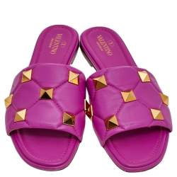 Pre Owned Valentino Pink Leather Roman Stud Flat Slides Size 40