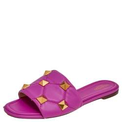 Pre Owned Valentino Pink Leather Roman Stud Flat Slides Size 40