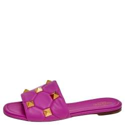 Pre Owned Valentino Pink Leather Roman Stud Flat Slides Size 40
