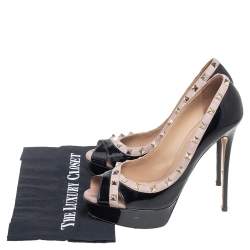 Pre Owned Valentino Black/Beige Patent And Leather Rockstud Peep Toe Platform Pumps Size 40.5
