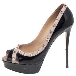 Pre Owned Valentino Black/Beige Patent And Leather Rockstud Peep Toe Platform Pumps Size 40.5