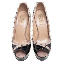Pre Owned Valentino Black/Beige Patent And Leather Rockstud Peep Toe Platform Pumps Size 40.5