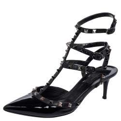 Valentino Black Patent Leather Rockstud Pointed-Toe Sandals Size 39