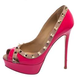 Valentino Pink/Beige Patent Leather Rockstud Crisscross Peep Toe Platform Pumps Size 36
