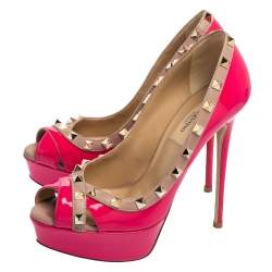 Valentino Pink/Beige Patent Leather Rockstud Crisscross Peep Toe Platform Pumps Size 36