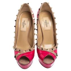 Pre Owned Valentino Pink/Beige Patent Leather Rockstud Crisscross Peep Toe Platform Pumps Size 36