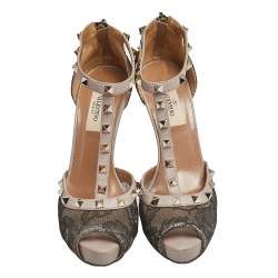 Pre Owned Valentino Black/Pink Lace Rockstud Peep-Toe Sandals Size 36