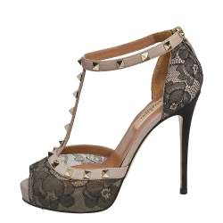 Pre Owned Valentino Black/Pink Lace Rockstud Peep-Toe Sandals Size 36