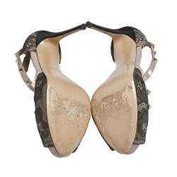 Pre Owned Valentino Black/Pink Lace Rockstud Peep-Toe Sandals Size 36