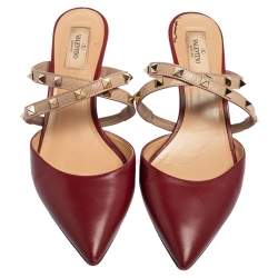 Pre Owned Valentino Metallic Beige/Red Leather Rockstud Pointed Toe Mule Sandals Size 41 