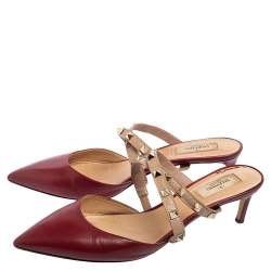 Pre Owned Valentino Metallic Beige/Red Leather Rockstud Pointed Toe Mule Sandals Size 41 