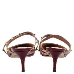 Pre Owned Valentino Metallic Beige/Red Leather Rockstud Pointed Toe Mule Sandals Size 41 