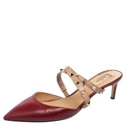 Pre Owned Valentino Metallic Beige/Red Leather Rockstud Pointed Toe Mule Sandals Size 41 