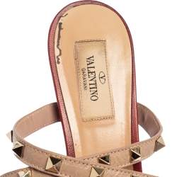 Pre Owned Valentino Metallic Beige/Red Leather Rockstud Pointed Toe Mule Sandals Size 41 
