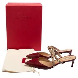 Pre Owned Valentino Metallic Beige/Red Leather Rockstud Pointed Toe Mule Sandals Size 41 