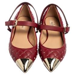 Pre Owned Valentino Burgundy Quilted Leather Rockstud Spike Metal Cap-Toe Ballet Flats Size 37
