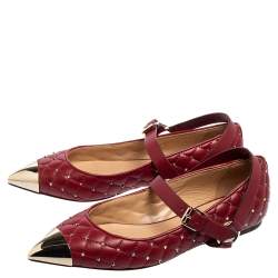 Pre Owned Valentino Burgundy Quilted Leather Rockstud Spike Metal Cap-Toe Ballet Flats Size 37