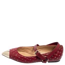 Pre Owned Valentino Burgundy Quilted Leather Rockstud Spike Metal Cap-Toe Ballet Flats Size 37