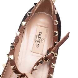 Pre Owned Valentino Brown Leopard Print Calf Hair Rockstud Ankle-Strap Flats Size 39.5