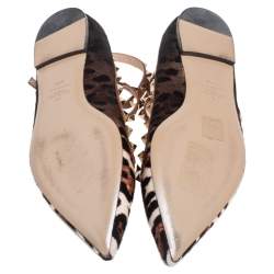 Pre Owned Valentino Brown Leopard Print Calf Hair Rockstud Ankle-Strap Flats Size 39.5