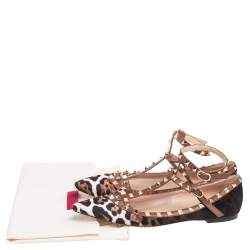 Pre Owned Valentino Brown Leopard Print Calf Hair Rockstud Ankle-Strap Flats Size 39.5