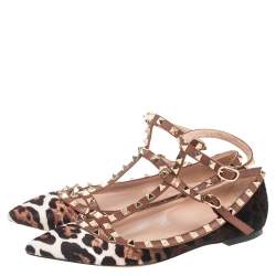Pre Owned Valentino Brown Leopard Print Calf Hair Rockstud Ankle-Strap Flats Size 39.5