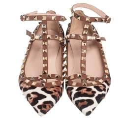 Pre Owned Valentino Brown Leopard Print Calf Hair Rockstud Ankle-Strap Flats Size 39.5