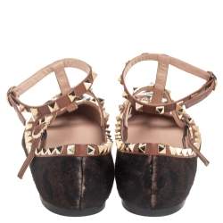 Pre Owned Valentino Brown Leopard Print Calf Hair Rockstud Ankle-Strap Flats Size 39.5