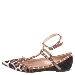 Pre Owned Valentino Brown Leopard Print Calf Hair Rockstud Ankle-Strap Flats Size 39.5
