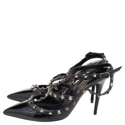 Pre Owned Valentino Black Patent And Leather Rockstud Sandals Size 39