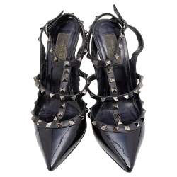 Pre Owned Valentino Black Patent And Leather Rockstud Sandals Size 39