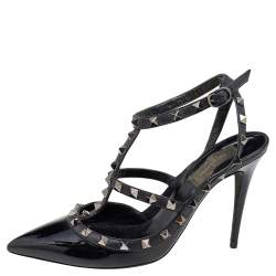 Pre Owned Valentino Black Patent And Leather Rockstud Sandals Size 39